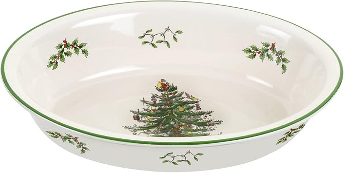 Spode Christmas Tree Oval Rim Dish (12.5 x 8.75) Festive Deep Baking Pan for Serving Vegetables, Roast Dinner, Casseroles - Fine Porcelain, Microwave, Freezer, Dishwasher Safe