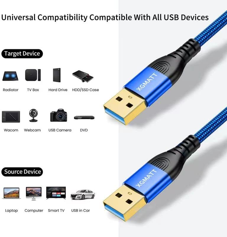 USB Cable 2M 2Pack,USB 3.0 A to A Data Cable Braided, 5Gbps High Speed Transfer USB Type A Male to Male Lead, Compatible with Blu-ray, Printer, Camera, External Hard Drive, Consoles, Fan Cooler,Blue