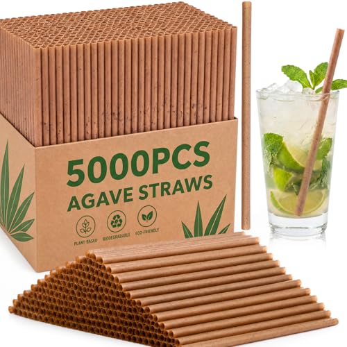 Acellegic 5000 Pcs Biodegradable Agave Straws 5.9 Inch Plant-Based Eco-conscious Cocktail Drinking Straws Plastic-Free Compostable & Reusable Agave Straw for Home Restaurants Parties Bulk Supply