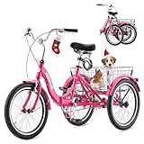 VIRIBUS Folding Adult Tricycle, 20 inch Foldable Tricycle for Adults with Single Speed, Collapsible 3 Wheel Bike with Basket for Women Seniors, 330lb. Fuchsia