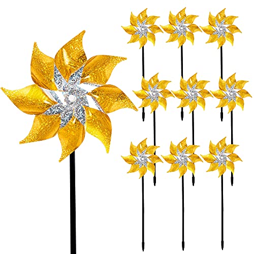 Hausse 10 Pack Reflective Pinwheels with Stakes (Assembly Required) Extra Sparkly Pin Wheel for Garden Decor Bird Repellent Devices Deterrent to Scare Birds Away from Yard Patio Farm Golden