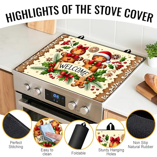 Image of NYZE Christmas Stove Top Cover for Electric Stove,Glass Stove Top Cover,Heat Resistant Glass Cooktop Cover,Stovetop Protector, Kitchen Decor,Dish Drying Mats Cover for Washer Ceramic Top 28.5x20.5 in