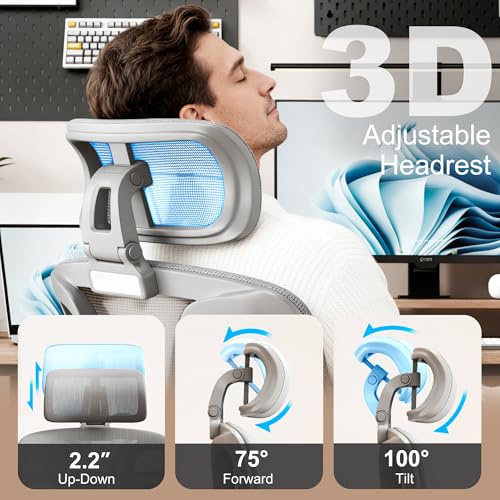 Image of Vonesse Ergonomic Office Chair with Footrest, Desk Chairs with Adjustable 3D Headrest and Armrests, Computer Gaming Chair with Dynamic Lumbar Support & Adjustable Depth Breathable Mesh Seat (Grey)