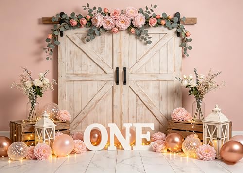 DePhoto 7x5FT 1st Birthday Backdrop Pink Floral Rustic Barn Princess Balloons Background for Princess Girls 1st Birthday Party Decorations Photo Booth Studio