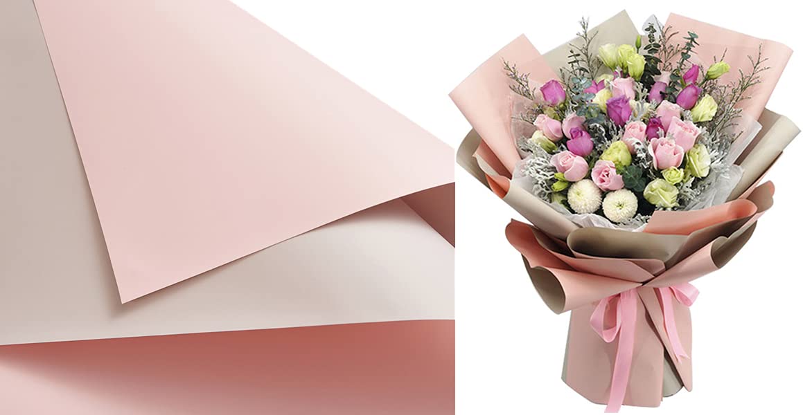 XICHEN 20 Sheets/Double-Sided Colors Flower Wrapping Paper,Waterproof Florist Bouquet Paper,DIY Crafts,more colors Different Double-Sided Colors 58 x 58cm(22.8x 22.8 inch) (Tea ash + Light pink)