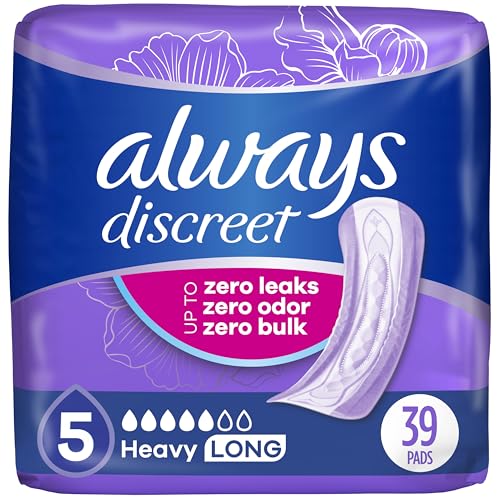 Image of Always Discreet Adult Incontinence Pads for Women, Heavy Absorbency, Long Length, Postpartum Pads, Up to 100% Bladder Leak Protection, 39 Count (Packaging May Vary)