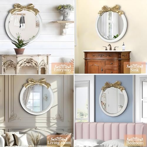 Antique Bow Round 26x26 inch Wall Mirror, White and Gold Bow Frame Circle Mirror for Wall Decor for Bathroom Sink, Living Room, Hallway & Bedroom - Image 4
