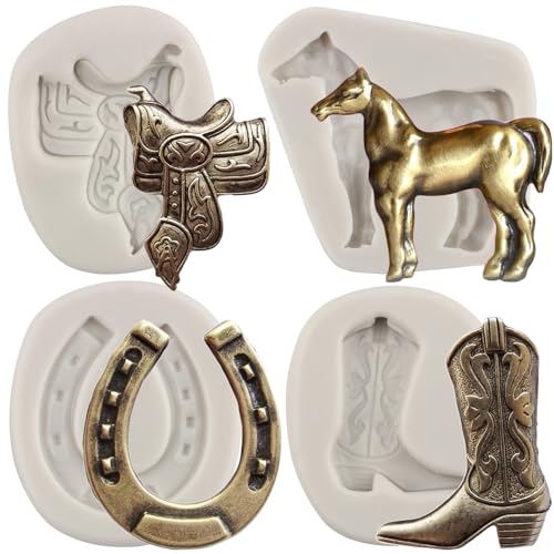 MYPRACS Juego de 4 moldes de silicona con forma de herradura y zócalo para fondant, vaquero, caramelo y pasta