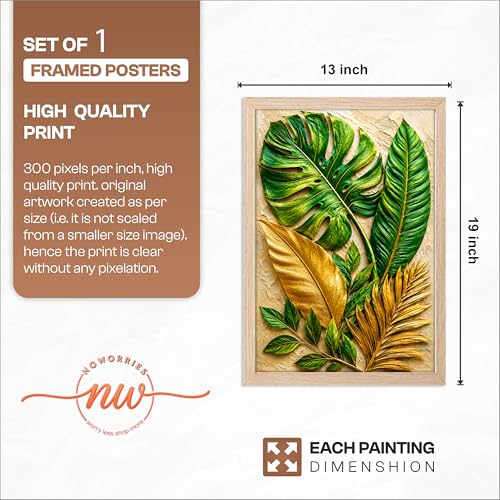 Image of NoWorries 3D Tropical Leaf Wall Painting with Frame Set of 1 | Premium Textured Green & Gold Monstera Palm Leaves Artwork, Luxury Botanical Nature Wall Decor for Living Room, Bedroom, Office and Home Decoration (3d Art-10,13x19inch)