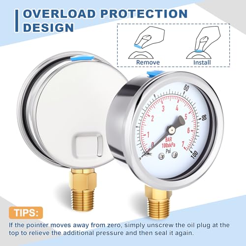 Image of Flutesan 6 Pcs 0-100psi Low Pressure Gauge 2.5 inch Face Dial Size 1 /4 NPT Lower Mount Waterproof Pressure Gauge with Stainless Steel Case for Pool Water Pump Tire Water Oil Air