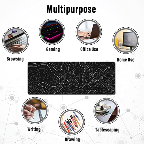 Image of Ovenbird Large Gaming Mouse Pad with Stitched Edges, Topographic Map Topo Mousepad Gaming, Extended XL Large Mousepad with Anti-Slip Base, Cool Mouse Pads for Desk, 31.5 x 11.8 in, Black