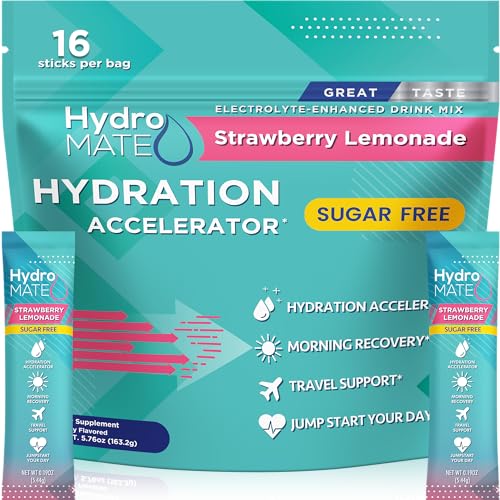 Image of Electrolyte Powder Sugar-Free Hydration Packets Strawberry Lemonade HydroMATE 16 Sticks