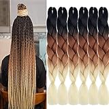 SHUOHAN 6 Packs Ombre Jumbo Braiding Hair Extensions 24 Inch High Temperature Synthetic Fiber Hair Extensions for Box Braids Braiding Hair (Black to Brown to Beige)