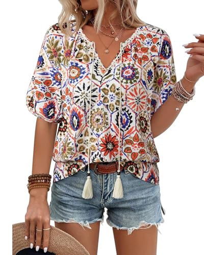 Vivilli Womens Summer Boho Tops Casual V Neck Short Sleeve Blouses Floral Print Shirt Tie Front Flowy Vacation Clothes