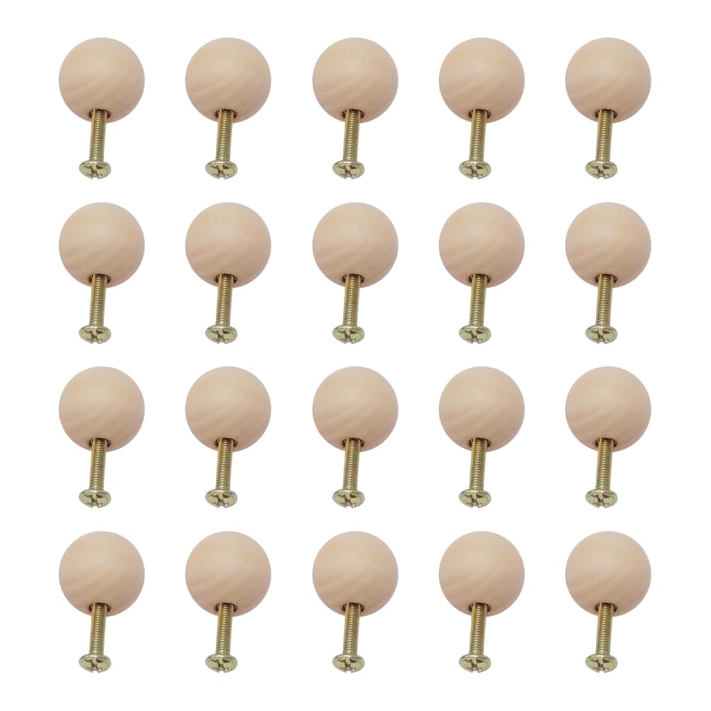 JIHUOO 20 Pcs 25 mm Unfinished Wood Ball Drawer Knobs Pulls Small Wooden Kitchen Cabinet Knobs Handles Round Furniture Wardrobe Door Knob Dresser Cupboard Drawer Knob with Screws