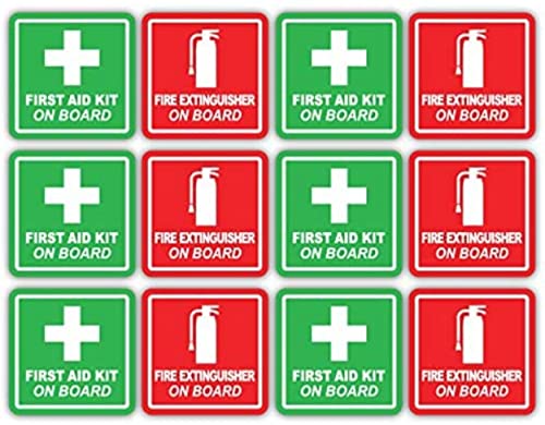 (x6 of Each) 3M Reflective Red Fire Extinguisher and Green First Aid Kit On Board Industrial Safety Training Decals (3 inch x 3 inch)