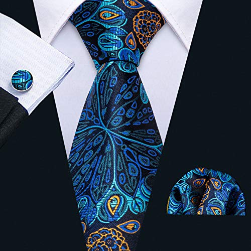 Image of Barry.Wang Flower Ties for Men Handkerchief Cufflinks Set Wedding Necktie Set Party