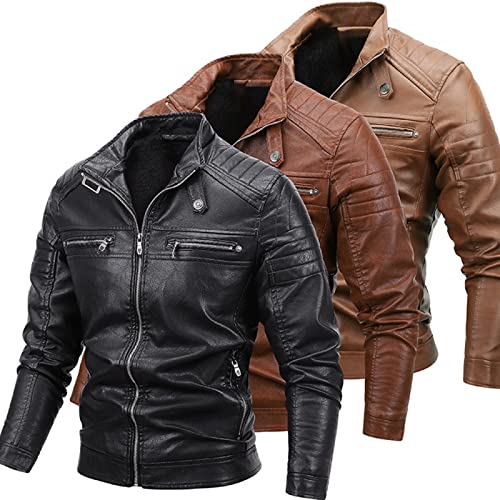 LBDLBD Veste en Cuir pour Hommes - Vintage Stand Collar Warm Slim Leather Male Jacket, Casual Biker Motorcycle Bomber Autumn Winter Zip Coats, Lightweight Thermal Windproof Male Overwear, Coffee, S Cover
