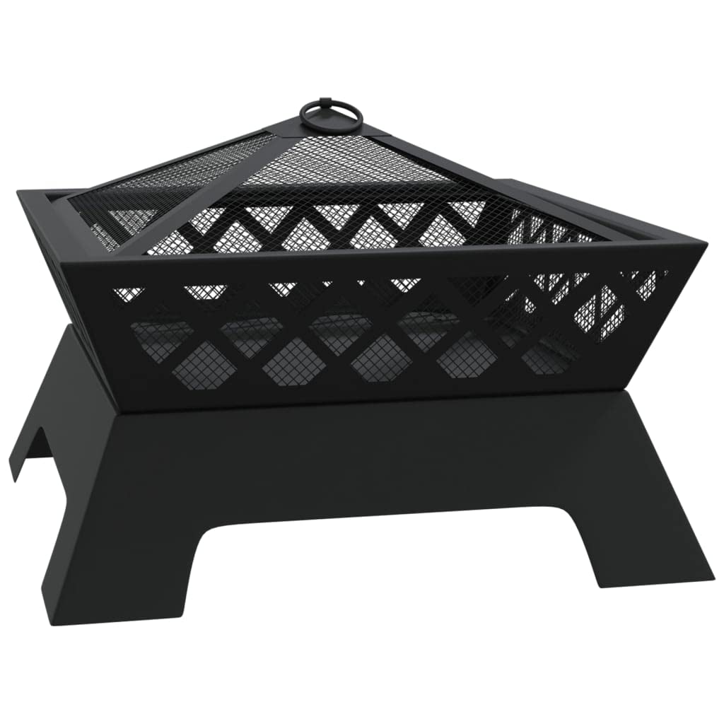Mangloder - Brasero con atizador, 50 cm, XXL, acero negro, para jardín y terraza, con protección contra chispas y cubierta de red, para leña y calor acogedor