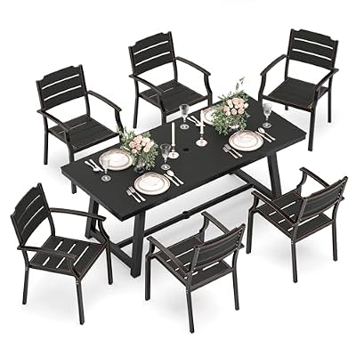 Cozyman Patio Table and Chairs Set, Patio Furniture Set, 7-Piece, HDPS All-Weather Material Outdoor Dining, Outdoor Furniture with Umbrella Hole, Black