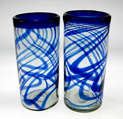 Mexican Glass Blue Swirl Tumblers 20 Oz Set Of 6 #TOP1