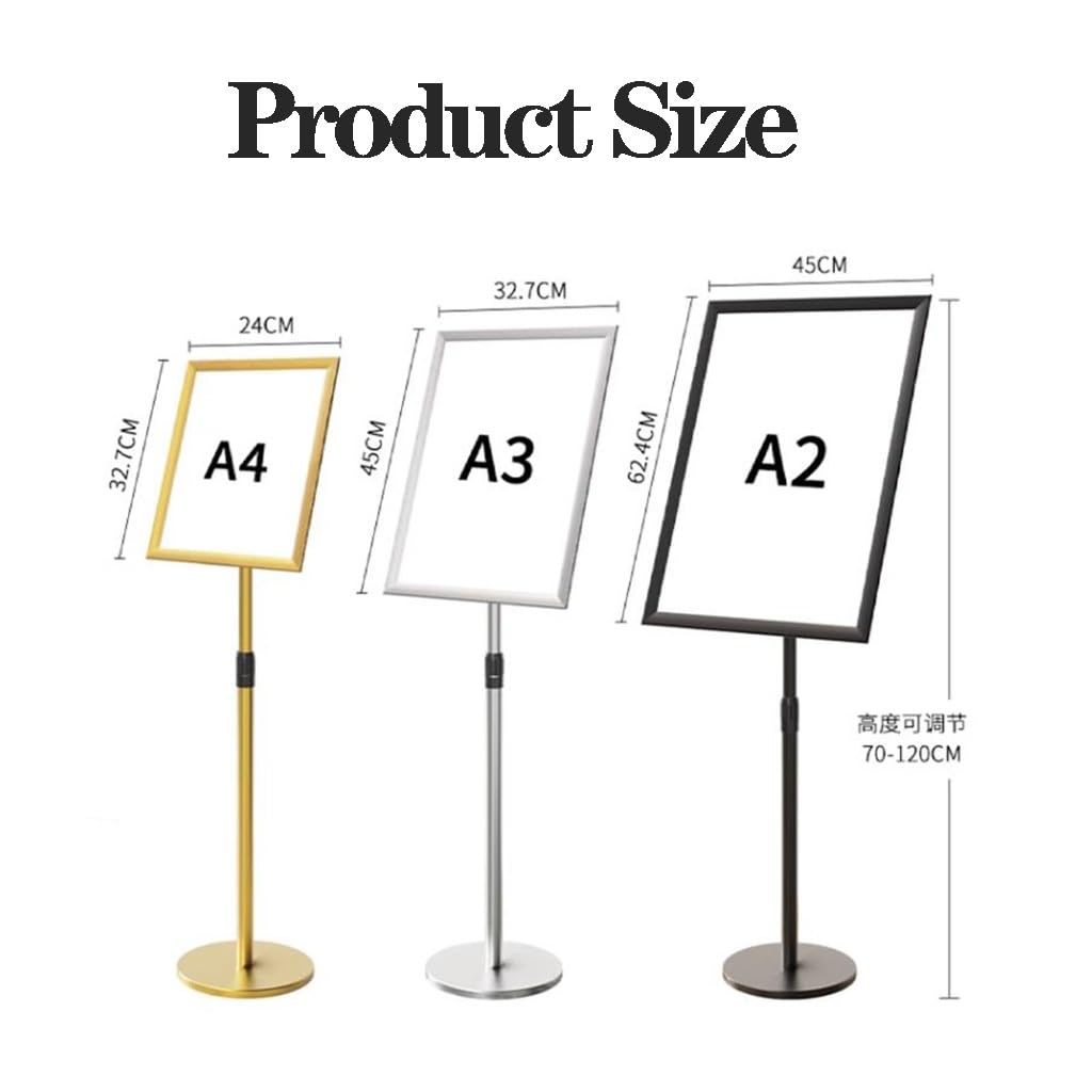 Soporte para letreros con Pedestal Ajustable Plateado - Expositor de menús A2 Resistente con Base Redonda para Bodas y promociones comerciales, avisos y anuncios.