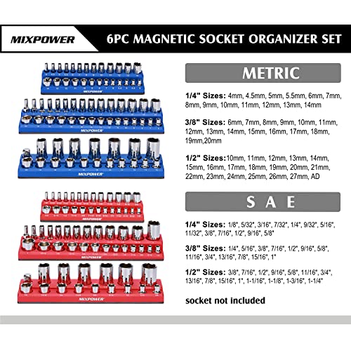 Image of MIXPOWER 6 Pieces SAE and Metric Magnetic Socket Organizers, Total 143 Slots, 1 /4 inch, 3 /8 inch and 1 /2 inch Drive, Magnetic Socket Holder Kit - Red /Blue