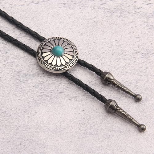 Image of GelConnie Bolo Tie for Men Women Western Cowboy Turquoise Leather Necktie | Natural Stone Bolo Tie Necklace for Women Rodeo Cowboy Leather Necktie Native American Western Cowgirl Ties Adjustable Cord