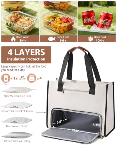 Bnlcd Lunch Tote Bag for Women - 15.6 Inch Laptop Work Bag with Insulated Lunch Compartment - Large Capacity Quilted Computer Handbag - Leakproof Lunch Box for Women Adults, White-black - image 3