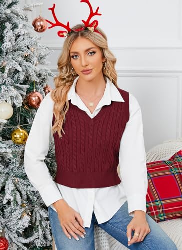 Image of HOCOSIT Women's Knitted V-Neck Vest Argyle Plaid Preppy Style Sleeveless Pullover Crop Sweater Vest