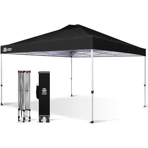 CROWN SHADES 12x12 Pop Up Canopy Outside Canopy, Patented One Push Tent Canopy with Wheeled Carry Bag, Bonus 8 Stakes and 4 Ropes, Black