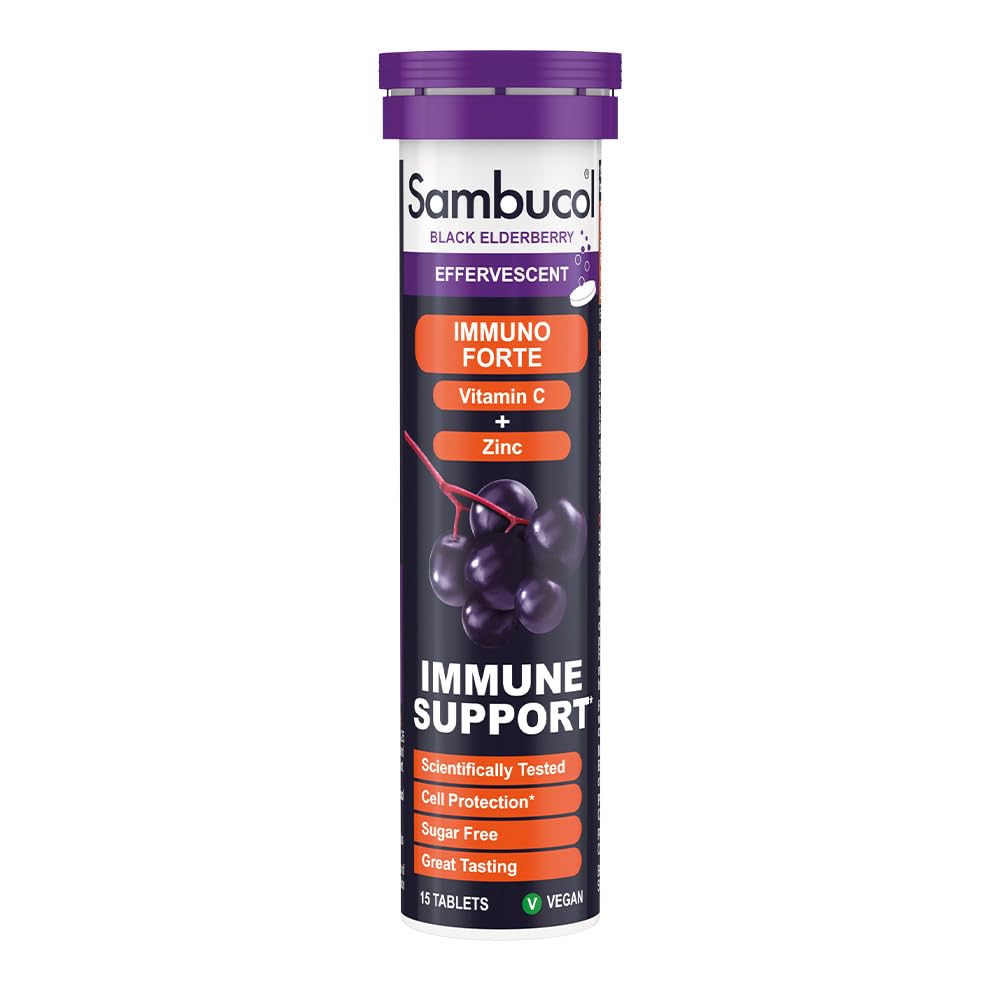 Sambucol Natural Black Elderberry Immuno Forte Effervescent Tablets | Vitamin C | Zinc | Immune System Supplement | 15 Tablets