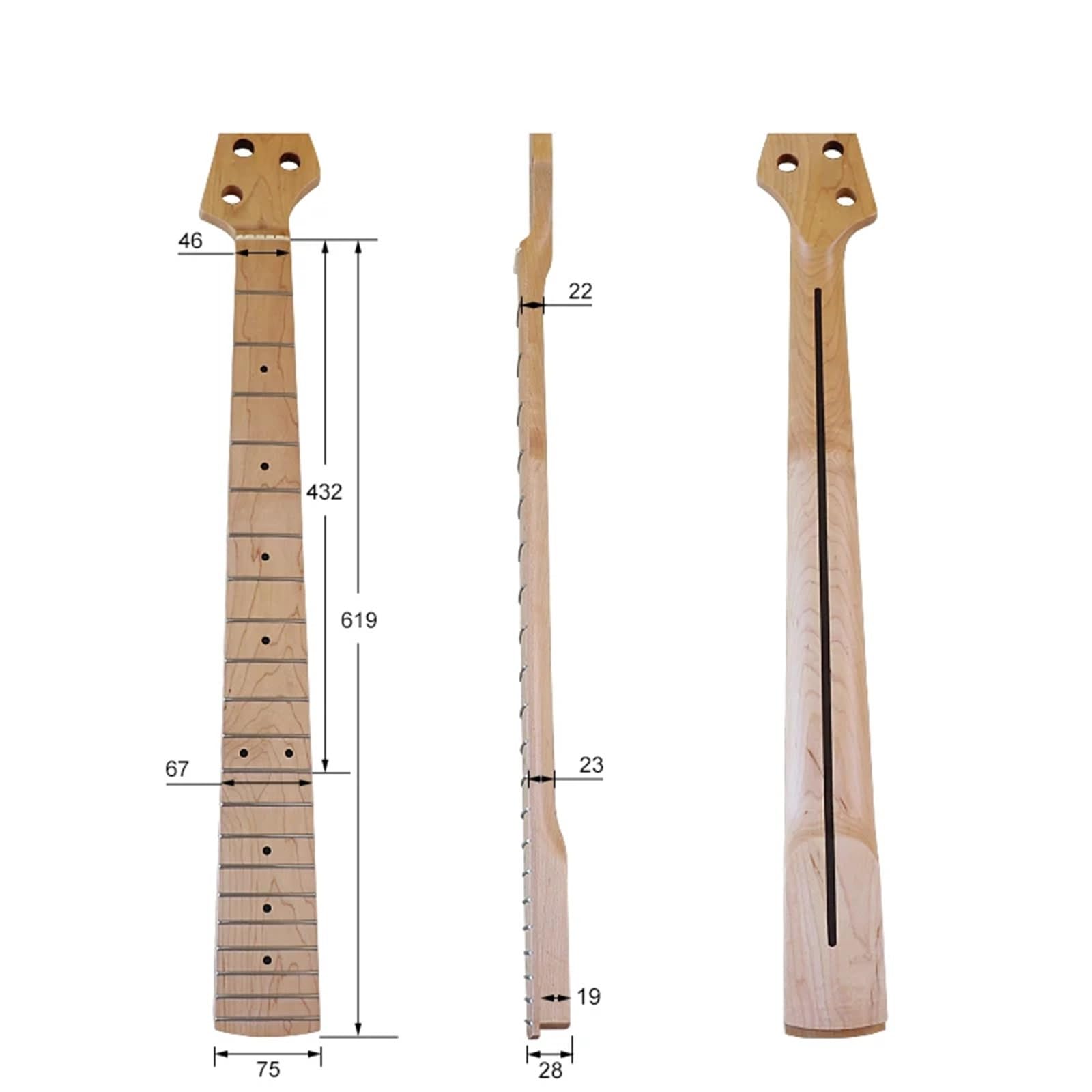 Cuello de guitarra eléctrica Bajo eléctrico de 5 cuerdas, 21 trastes, mástil arce, diapasón, ancho cejuela: 46 mm