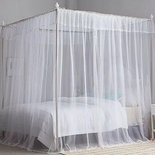 White Lace Luxury Four Corner Square Princess Bed Canopy (White, Full)