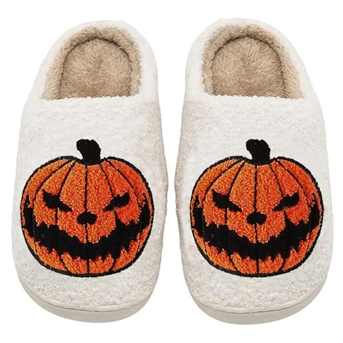 Image of Halloween Pumpkin Slippers for Womens Mens Plush Warm Spooky Lantern Pumpkin Slippers House Shoes