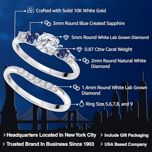 Gem Stone King 10K White Gold White Lab Grown Diamond and Blue Created Sapphire 5 Stone Bridal Engagement Wedding Ring Set For Women (0.89 Cttw, Round: 5MM and 3MM, Available in Size 5,6,7,8,9)2