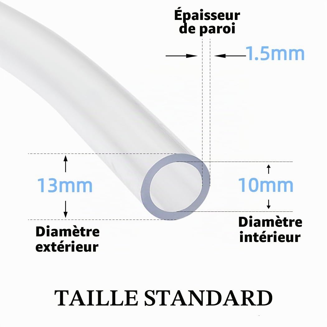 Tuyau en plastique transparent, 10 mm x 13 mm, 10 m, tuyau en PVC, conduite d'eau, également pour huile et air, qualité alimentaire