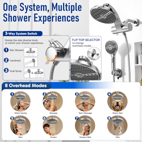 Image of Veken Filtered Shower Head with Handheld, Multi-pattern Rain Showerhead Set | High Pressure Power Wash, Dual Showerheads Combo with One Filter, 9-Function Hand Held Sprayer, Detachable, Chrome