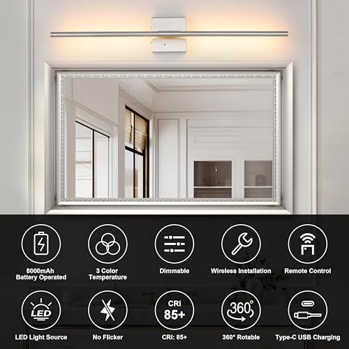 Image of 10000mAh Battery Operated Wall Sconces Set of 2, 3 Color Dimmable Rechargeable Wall Light with Remote, 24 Inch Sand-Nickel Wireless Sconces Wall Decor with Timer Function for Living Room, Bedroom, TV