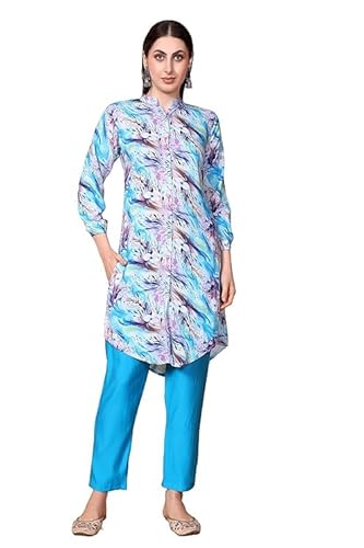 MINQUE Women’s Kurta Pant Set, Viscose Rayon Digital Print Kurta with Silk Blend Pants, Blue, Straight Fit (in, Alpha, 2XS, Regular, Standard, Dummy Black)
