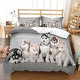 ZZBDSB Lovely Dogs Animal 3D Bedding Set Cute Husky Print Duvet Cover Gray Queen Comforter Set King Twin Full Size Boy Teen Girl Single Double Home 3 Piece Bed in A Bag 1 Quilt Cover 2 Pillowcases