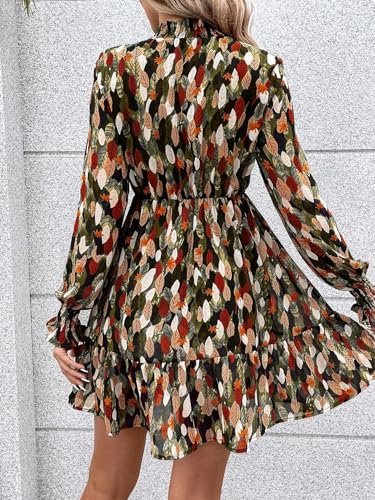 EFJONE Womens Long Sleeve Trendy Allover Print Flounce Sleeve Ruffle Hem Pleated Collar Shirred Dress Short Dresses3