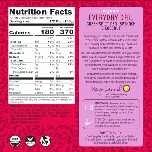 Image of Maya Kaimal - Organic Indian Everyday Dal - Fully Cooked Ready to Eat Meal - Vegan - Microwavable (10 Ounce (Pack of 6), Green Split Pea, Spinach & Coconut)