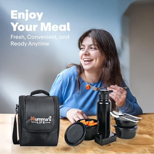 Image of Mumma's LIFE Lunch Box for Office Use - Microwave Safe 3-Container Tiffin Box for Men (250ml, 400ml, 600ml) with BPA-Free Lids, 130ml Pickle Box, 750ml Steel Bottle, Insulated Bag & Steel Cutlery