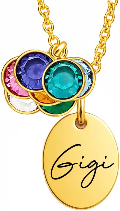 Gigi Necklace with Birthstones – Personalized Grandma Necklace from Grandkids – Custom Family Name Jewelry with Birth Month Charms – Birthday or Christmas Gift for Grandma