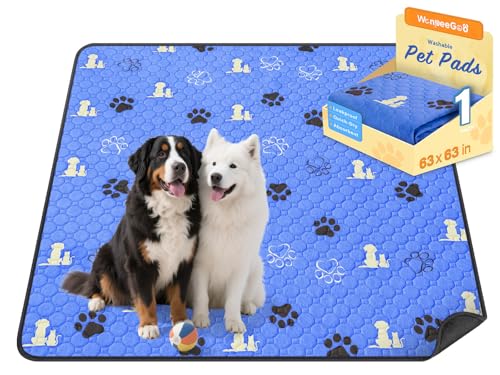 Image of WanpeeGoo Washable Pee Pads for Dogs, Waterproof, 63 x 63 in, 1 Pack, Blue | Super Absorbent, Waterproof and Non-Slip; Washable, Reusable Dog Pads for Crates, Playpens, Floors, Furniture and Travel