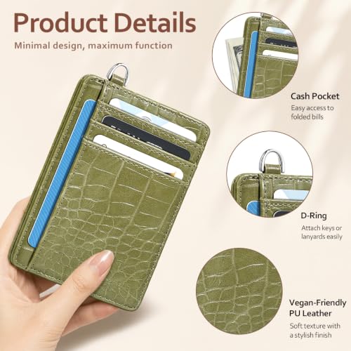 Image of Coco Rossi Crocodile Wallet Women Slim Credit Card Holder with Keychain | Luxury Wallets, Alligator Print, RFID Blocking, ID Case, Small Minimalist, Womens Girls Gift, Olive Croc
