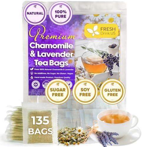 FreshDrinkUS, Premium 135 Chamomile Lavender Tea Bags, 100% Natural Herbal Ingredients, Hand-made Blend of Chamomile Lavender Flowers, Eco-conscious Tea Bags. No Sugar, No Caffeine, No Gluten, Vegan.