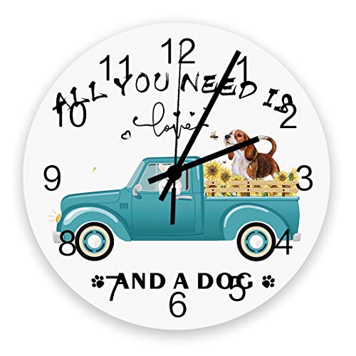 TAOGAN Wall Clock Blue Truck with Dog Wood Clock Silent Non Ticking Sunflower Farmhouse Animal Round Clock Battery Operated Decorative Wall Clock 12 Inch