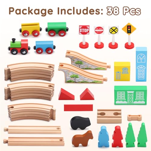 Sainsmart Jr. WOODEN337 Wooden Train Set For Toddler With Double-Side Train Tracks Fits Brio, Thomas, Melissa And Doug, Kids Wood Toy Train thumb #2